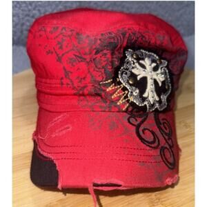 Leader Red Distressed Cross Cap Rhinestone Vintage